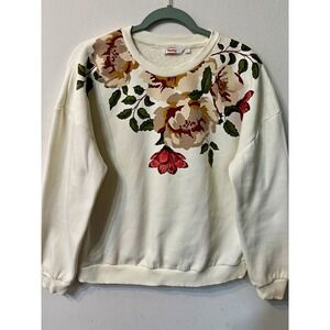 Honey Women Crewneck Sweatshirt Large Cream Floral Graphic Print Fleece Pullover